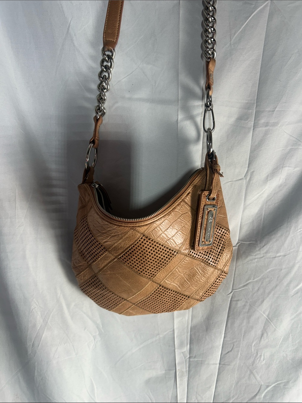 b. makowsky Tan Quilted & Perforated Shoulder Bag with Chain Strap